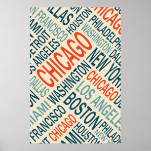 Poster Vintage Cities USA Word Cloud