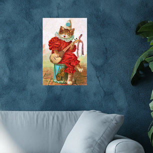 Poster Vintage Clown Jester Musicien Chat Mandolin