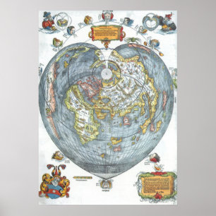 Poster Vintage Coeur en forme d'antiquité carte du monde 