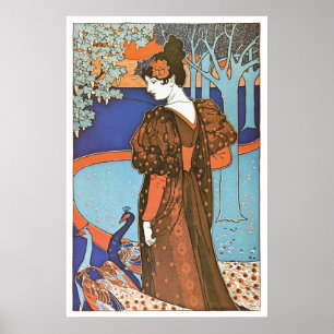 Poster Vintage dame Art Nouveau avec Peacocs