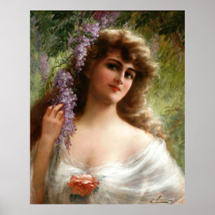 Poster Vintage Dame Avec Fleurs Violettes & Rose De Pêche