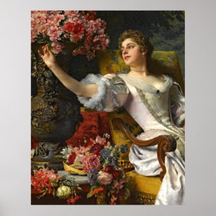 Poster Vintage Dame En Robe Rose Orange Roses