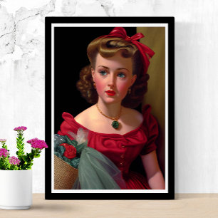 Poster Vintage Dame En Robe Rouge Rose Retro