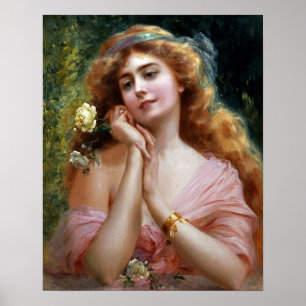 Poster Vintage Dame En Rose Avec Rose Jaune