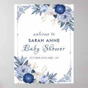 Poster Vintage Elégant Baby shower Floral Bleu Accueil