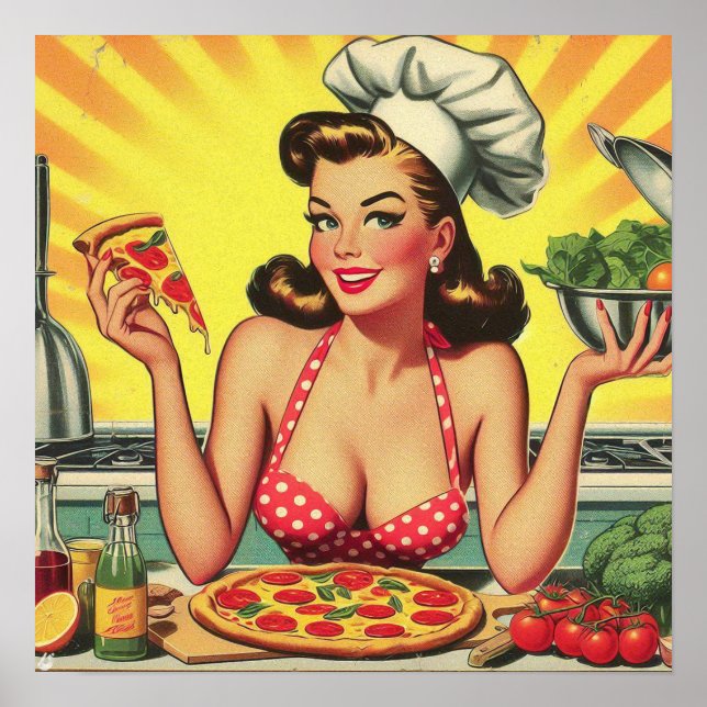 Poster Vintage fille à la pizza (Devant)