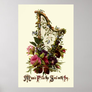Poster Vintage Floral Harp Music