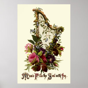 Poster Vintage Floral Harp Music
