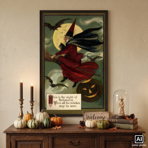 Poster Vintage Halloween sorcière Broomstick avec chat
