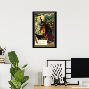 Poster Vintage Halloween sorcière Stirring Magique Cauldr