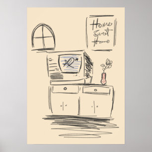 Poster Vintage Home Sweet Home TV Living Room Croquis