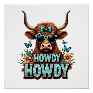Poster Vintage Howdy Vache Highland avec Lunettes de sole