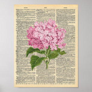 Poster Vintage hydrangée rose sur un dictionnaire vintage