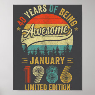 Poster Vintage janvier 1986 Ancien 40e anniversaire Homme