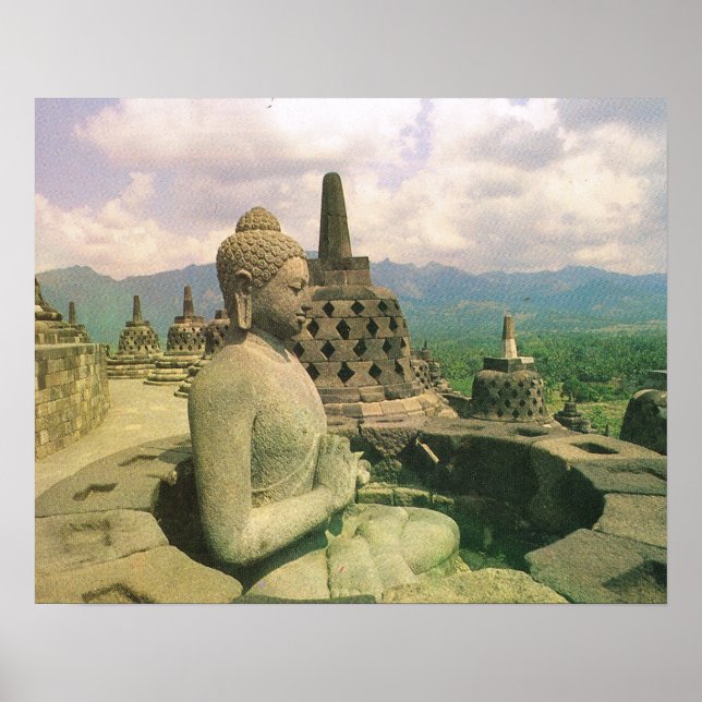 Poster Vintage Java, temple de Borobodur, figure de Boudd (Devant)