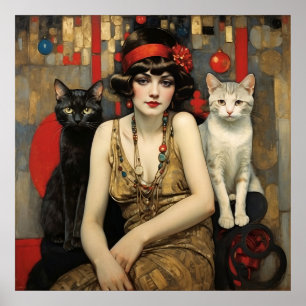 Poster Vintage Jolie Femme Avec Chats Noirs & Blancs