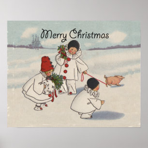 Poster Vintage Joyeux Noël Neige Enfants Artwork
