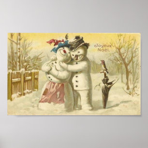 Poster Vintage Joyeux Noel Snowman & Woman Card