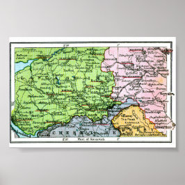 Poster - Vintage Karte von Yorkshire/Lancashire