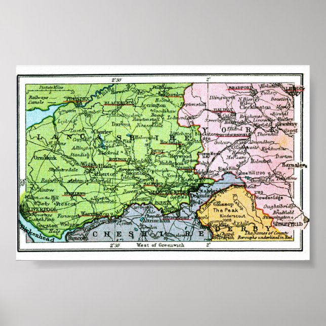Poster - Vintage Karte von Yorkshire/Lancashire (Vorne)