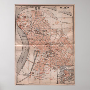 Poster Vintage Map of Belgrade Serbia (1905)