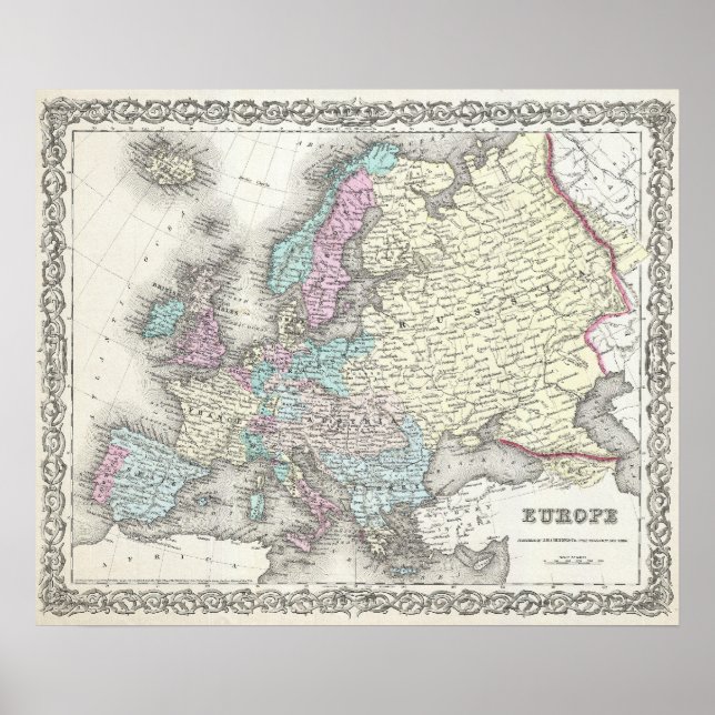 Poster Vintage map of Europe (1855) (Devant)