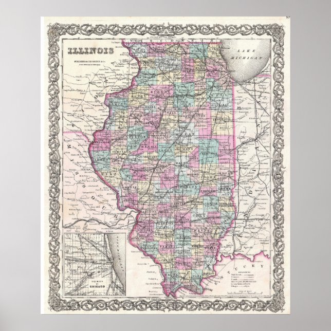 Poster Vintage Map of Illinois (Devant)