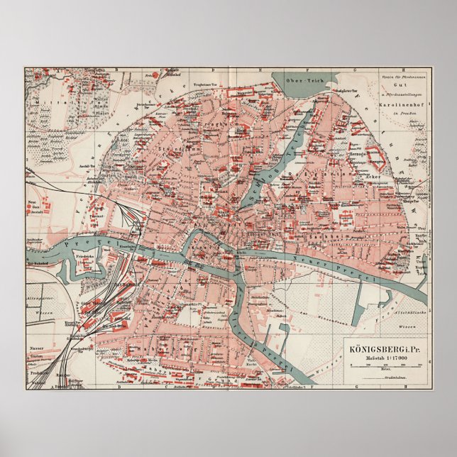 Poster Vintage Map of Königsberg (Devant)