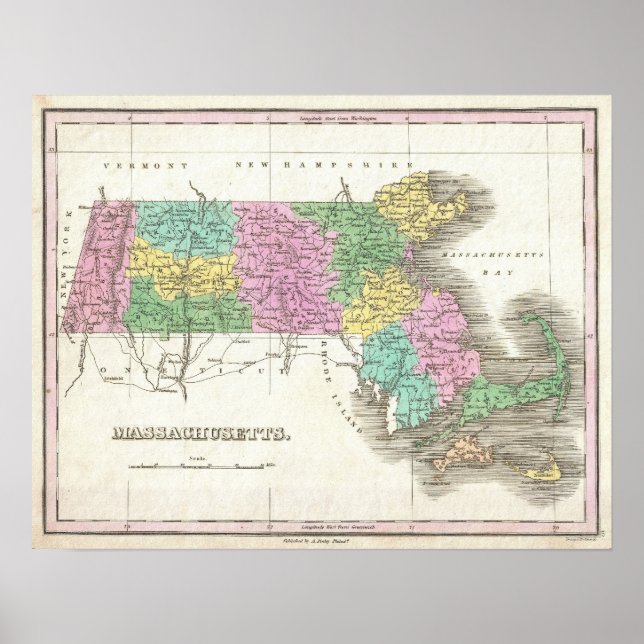 Poster Vintage Map of Massachusetts (Devant)