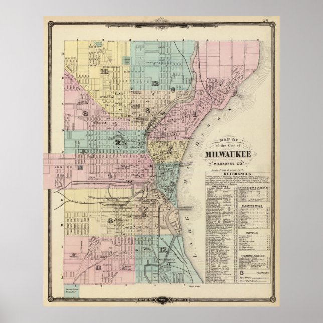 Poster Vintage Map of Milwaukee (Devant)