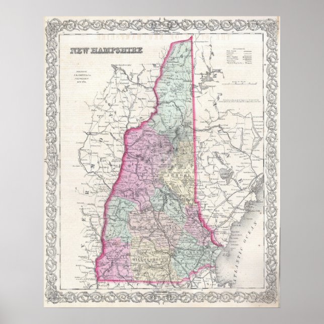 Poster Vintage Map of New Hampshire (1855) (Devant)