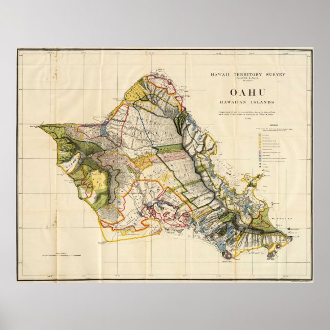 Poster Vintage Map of Oahu Hawaii (Devant)