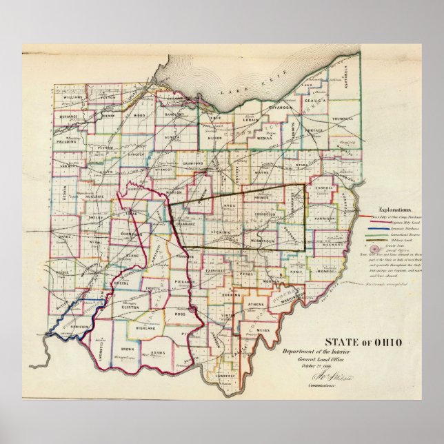 Poster Vintage Map of Ohio (Devant)