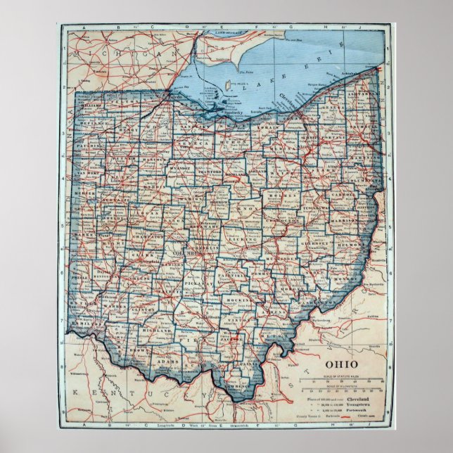 Poster Vintage map of Ohio (Devant)