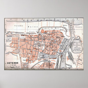 Poster Vintage Map of Ostend Belgium (1905)