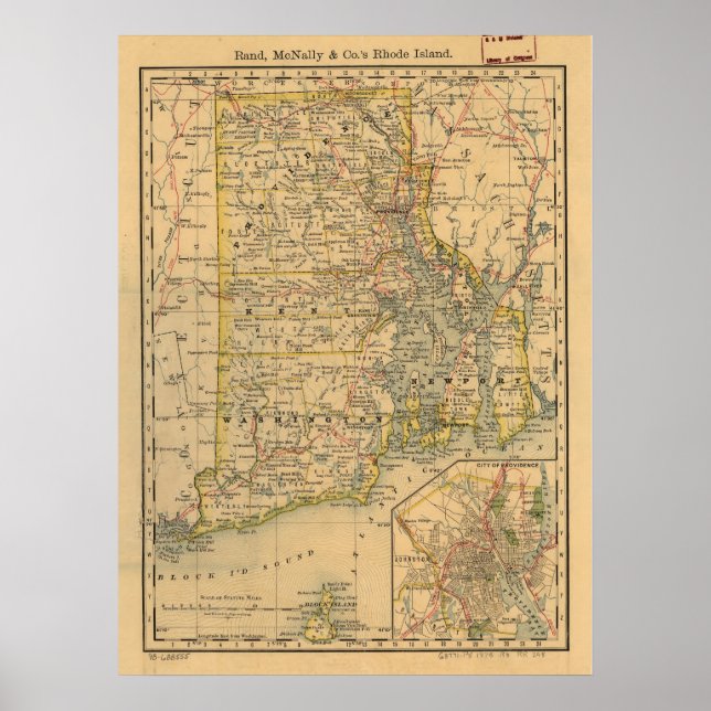 Poster Vintage Map of Rhode Island (Devant)