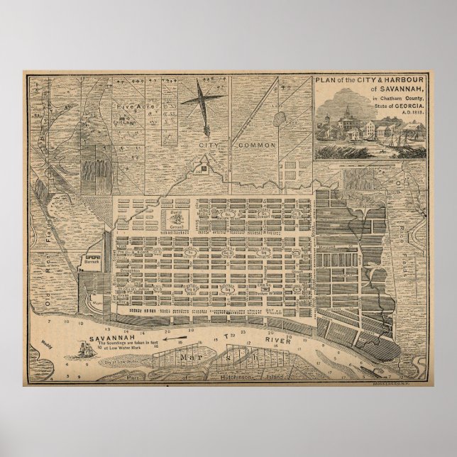 Poster Vintage Map of Savannah (Devant)