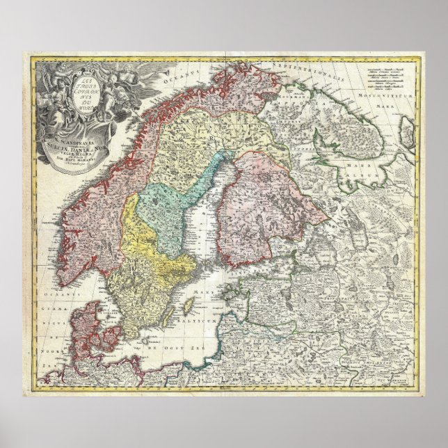 Poster Vintage Map of Scandinavia (Devant)