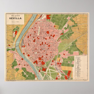 Poster Vintage Map of Seville Spain (1918)