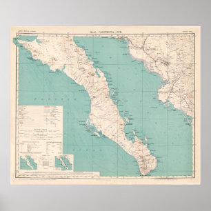 Poster Vintage Map of The Baja California Peninsula 1924