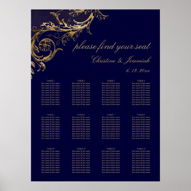 Poster Vintage Marine Blue Gold Mariage damassé Siège (Devant)