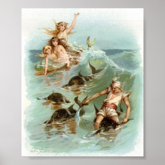 Poster Vintage - Mermaids Secourt dauphin, (Devant)