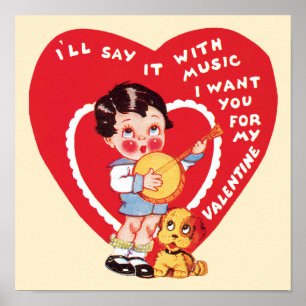 Poster Vintage Mignon Saint-Valentin, Enfant Joue du Banj