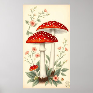 Poster Vintage Mouche Agarique Rouge Et Champignons Blanc