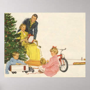 Poster Vintage Noël matin, présentation d'ouverture famil