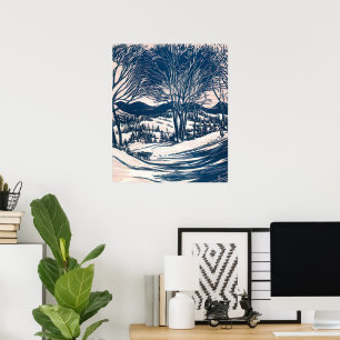 Poster Vintage Noël, Paysage de montagne d'hiver