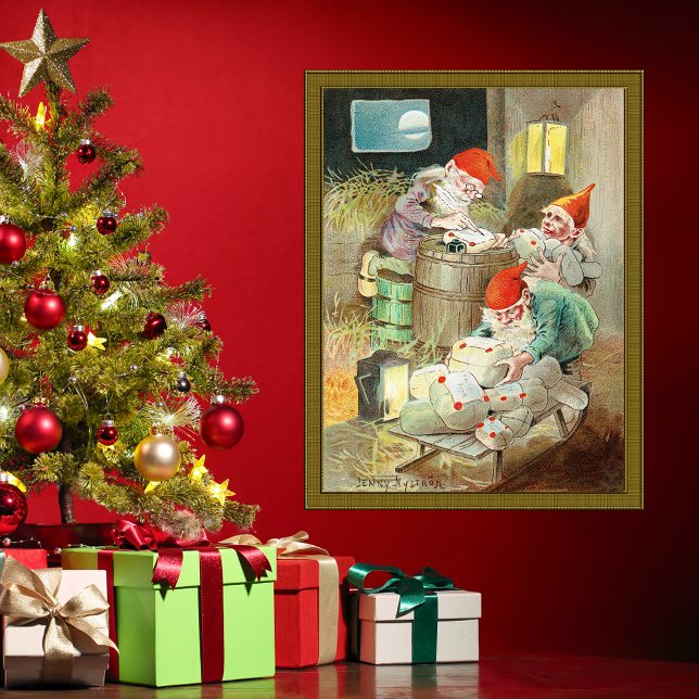 Poster Vintage Noël Père Noël Elf Gnome Cadeaux (Vintage Father Christmas Santa Claus Elf Gnome Gifts Poster by Swedish Foklore Artist Jenny Nystrom)