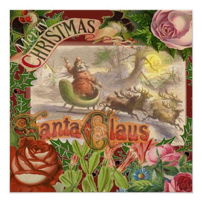 Poster Vintage Noël Père Noël Sleigh (Devant)
