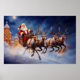 Poster Vintage Noël Père Noël Voler à Sleigh