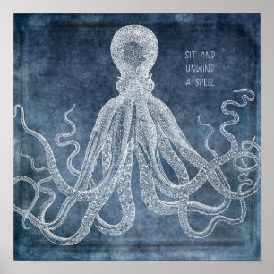Poster Vintage Octopus Twilight Blue Watercolor quota
